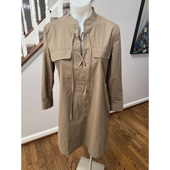 THEORY Jullitah Lace Up Front Poplin Mini Tunic Dress Moss Size 2 - Picture 2 of 3
